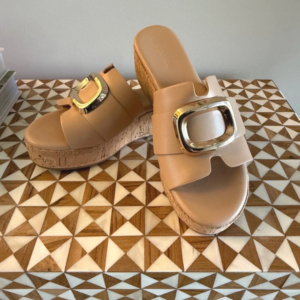 Coutgo Tan Faux Leather Cork Platform Slide Sandals Gold Buckle H4D359 Size 7.5